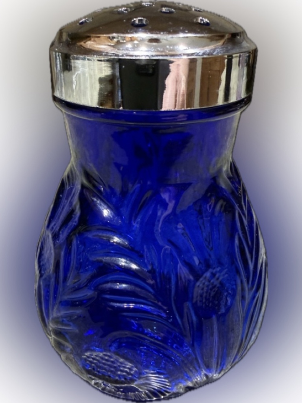 Cobalt Blue Pressed Glass Shaker with Silver-Tone Lid